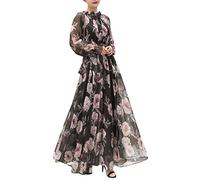 GUOCU Damen Chiffon-Kleid mit Langen Ärmeln Bedrucktes Blumenmuster Lockerer Ausgestelltes fließendes Kleid Langes Maxi-Casual-Strandkleid für Urlaubskleidungsparty TzhuMDhei M