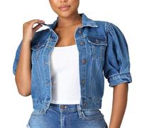 GUOCU Damen Cropped Jeansjacke Puffärmel Knopfleiste Denim Mantel Kurzarm Denim Jacke Kurz Gewaschene Denim Übergangsjacke Lässige Vintage Jeansmantel Frühjahr Sommer Elegant Crop Damenjacke