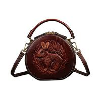 GUOCU Frauen Retro-Ethno-Stil Exquisite Handtasche mit Hasen Prägung Tasche aus Kunstleder Kleine Runde Tasche Schulter Umhängetasche Brieftasche Geldbörse Crossbody Tasche Kaffee