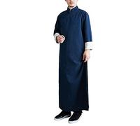 GUOCU Herren Tang-Anzug Chinesischen Stil Lange Robe mit Stehkragen Einfarbig Mantel Kimono Kaftan Kung-Fu-Kleidung Langarm Jacke Uniform Navy Blau L