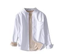 GUOCU Herren Warm Freizeithemd Kragenloses dickes Leinen Hemd Fleece gefüttert Gepolstert Langarm Knopf hoch Freizeithemd Flanellhemd Thermohemd Gefüttert Winterjacke Weiß M