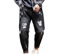GUOCU Zerrissene Herrenjeans Kratzer Karottenhosen Lose Gerade Gewaschene Retro Jeans Lässige Lockere Haremshosen Slim Regular Fit Stretch Bequeme Knöchellange Denim Hosen