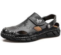 GURGER Sandalen Herren Leder Geschlossene Sommer Wandersandalen Männer Klettverschluss Strand Pantoletten Trekkingschuhe Schwarz Größe 42