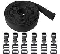Gurtband Set mit 18 Schnallen, 6 Meter Länge, 25 mm Breite, in Schwarz, Gurt Band aus PET Material, Gurt Riemen Set mit je 6 x 25 mm Steckschnalle, Leiterschnalle, Stegschnalle, Taschengurt DIY Kit