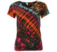 GURU SHOP Batik Hippie T-Shirt mit V-Auschnitt, Unikat Boho Batikshirt - Schwarz, Damen