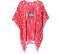 GURU SHOP Batik Kaftan, Ibiza-Style Tunika, Boho Blusenkleid mit Fransen, Damen Maxibluse - Himbeerrot