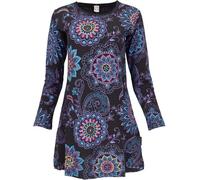GURU SHOP Besticktes Boho Chic Minikleid, Tunika mit Farbenfrohen Blüten - Schwarz/Flieder, Damen, Size:M