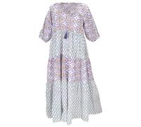GURU SHOP Boho Baumwoll Maxikleid, Gestuftes Sommerkleid, Oversize Patchworkkleid - Weiß/blau, Damen
