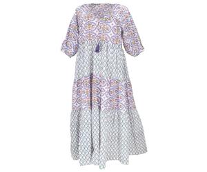 GURU SHOP Boho Baumwoll Maxikleid, Gestuftes Sommerkleid, Oversize Patchworkkleid - Weiß/blau, Damen