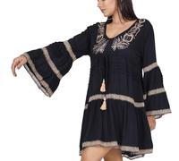 GURU SHOP Boho Krinkelbluse, Bestickte Hippie Tunika - Schwarz, Damen, Size:M