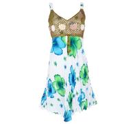 GURU SHOP Boho Minikleid, Sommerkleid Hawaii, Krinkelkleid - Weiß/Lemon, Damen