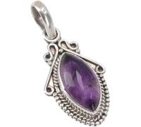 GURU SHOP Boho Silberanhänger, indischer Kettenanhänger aus Silber | Tropfenförmiger Anhänger, polierter Amethyst, einzigartiges Unikat, traditionelle Verarbeitung.