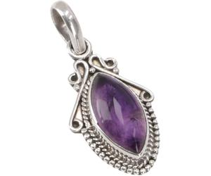 GURU SHOP Boho Silberanhänger, indischer Kettenanhänger aus Silber | Tropfenförmiger Anhänger, polierter Amethyst, einzigartiges Unikat, traditionelle Verarbeitung.