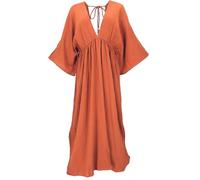 GURU SHOP Boho Sommerkleid, Luftiges Langarm-Baumwollkleid mit Tiefem Ausschnitt, Maxikleid, Kaftan - Rostorange, Damen, Baumwolle