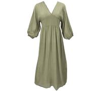 GURU SHOP Boho Sommerkleid, Luftiges Langarm Baumwollkleid mit Tiefem Ausschnitt - Olivgrün, Damen, Baumwolle