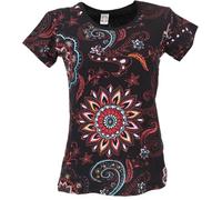 GURU SHOP Boho T-Shirt mit Mandaladruck, Bedrucktes Baumwoll T-Shirt, Yoga T-Shirt- Schwarz/rot, Damen, Size:S