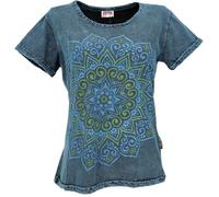 GURU SHOP Boho T-Shirt mit Mandaladruck, Stonewashed T-Shirt - Blau, Damen, Size:S