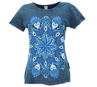 GURU SHOP Boho T-Shirt mit Mandaladruck, Stonewashed T-Shirt - Blau, Damen, Size:XL