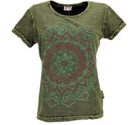GURU SHOP Boho T-Shirt mit Mandaladruck, Stonewashed T-Shirt - Grün, Damen, Size:L