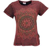 GURU SHOP Boho T-Shirt mit Mandaladruck, Stonewashed T-Shirt - Rot, Damen, Size:S