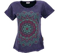 GURU SHOP Boho T-Shirt mit Mandaladruck, Stonewashed T-Shirt - Violett, Damen, Size:L