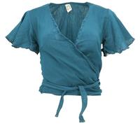 GURU SHOP Boho Wickelbluse, Wickeltop aus Baumwolle, schwarz | Baumwolle, kurzärmlig, regulierbare Weite, vielseitig kombinierbar