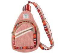 GURU SHOP Extravaganter Ethno Baumwoll/Hanf Rucksack, handgefertigt, rot | Kleine Schultertasche mit vier Reißverschlussfächern, robust, bunter Webstoff, verstellbarer Gurt von 40-90 cm