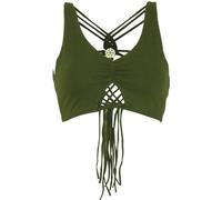 GURU SHOP Goa Psytrance Bikini Top, Boho Top, Pixi Top, Fransentop - Olive, Damen, Baumwolle, Size:S
