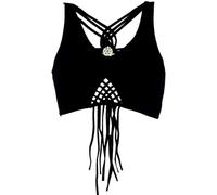 GURU SHOP Goa Psytrance Bikini Top, Boho Top, Pixi Top, Fransentop - Schwarz, Damen, Baumwolle, Size:S