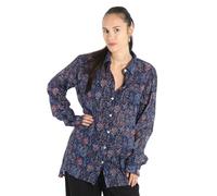 GURU SHOP Handbedrucktes Boho Langarmhemd, Luftiges Unisex Hemd - Blau, Damen, Size:L