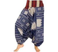 GURU SHOP Haremshose mit Breitem Gewebtem Bund, Fransentasche, Ikat Thai Pluderhose - Blau, Damen