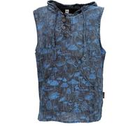 GURU SHOP Herren Tanktop mit Kapuze, ärmelloser Festival Hoodie mit Pilzdruck - Blau, Size:L