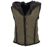 GURU SHOP Kurze Goa Weste mit Weiter, Flauschiger Kapuze `Flower of Life` - Olivgrün/schwarz, Damen, Baumwolle, Size:M