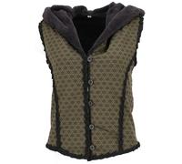 GURU SHOP Kurze Goa Weste mit Weiter, Flauschiger Kapuze `Flower of Life` - Olivgrün/schwarz, Damen, Size:M