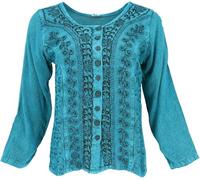 GURU SHOP Kurzes Blusentop Boho Chic, Indische Hippie Langarm Bluse - Jeansblau, Damen, Synthetisch