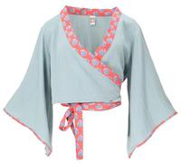 GURU SHOP Kurztop, Boho Blusentop, Musselin Wickeltop, Wickelbluse, gelb | Femininer V-Ausschnitt, weite Trompetenärmel, Slim Fit, 100% Baumwolle, vielseitig kombinierbar, schmeichelhafte Silhouette.