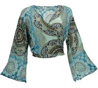GURU SHOP Kurztop, Boho Blusentop, Wickeltop, Wickelbluse - Türkis/braun, Damen, Synthetisch