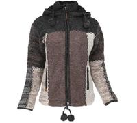 GURU SHOP Kuschelige Gefütterte Strickjacke, Damenjacke, Patchwork Wolljacke, Nepaljacke - Grau/braun, Size:M