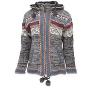 GURU SHOP Kuschelige gefütterte Strickjacke, Wolljacke, grau/rot, M | Mit Fleece gefüttert, Kapuze abnehmbar, feuchtigkeitsabweisend, geräumige Taschen, handgefertigt in Nepal