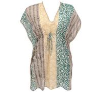 GURU SHOP Leichter Kaftan mit Perlenbordüre, Boho XL Tunika, Strandtunika - Schwarz/Petrol, Damen