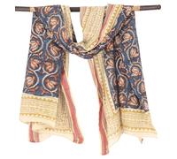 GURU SHOP Leichter Pareo Schal, Sarong, Handbedrucktes Baumwolltuch, Lungi mit Webbordüre - Blau/senf, Herren/Damen, 190x120 cm