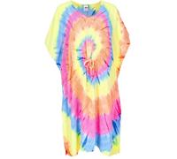 GURU SHOP Mittellanger Batik Boho Kaftan, Farbenfrohes Strandkleid Maxi Größe - Neon Rainbow, Damen, Synthetisch