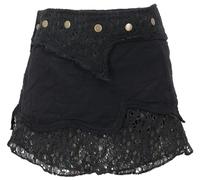 GURU SHOP Natürlicher Goa Sommerrock, Ethno Wickelrock mit Spitze, Hüftschmeichler - Schwarz, Damen, Baumwolle, Size:M/L