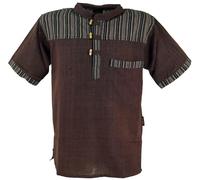GURU SHOP Nepal Fischerhemd, Gestreiftes Goa Hippie Kurzarmhemd - Coffee, Herren, Baumwolle, Size:3XL