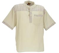 GURU SHOP Nepal Fischerhemd, Gestreiftes Goa Hippie Kurzarmhemd - Leinenfarben, Herren, Baumwolle, Size:3XL
