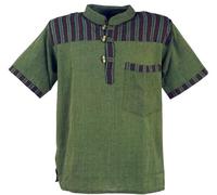 GURU SHOP Nepal Fischerhemd, gestreiftes Goa Kurzarmhemd, Olive, 3XL