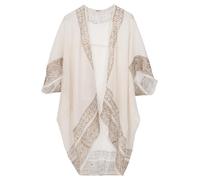 GURU SHOP Offener Boho Cardigan, Plus Size Jacke, Kimono mit Druckbordüre - Naturweiß, Damen, Baumwolle