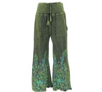 GURU SHOP Palazzohose, Boho Baumwollhose, Hippiehose mit Blüten, Schlaghose - Grün, Damen, Baumwolle, Size:L