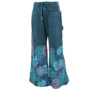 GURU SHOP Palazzohose, Boho Baumwollhose, Hosenrock mit Blüten, Schlaghose - Petrol, Damen, Size:L
