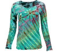 GURU SHOP Unikat Batik Shirt, Boho Langarmshirt - Grün, Damen